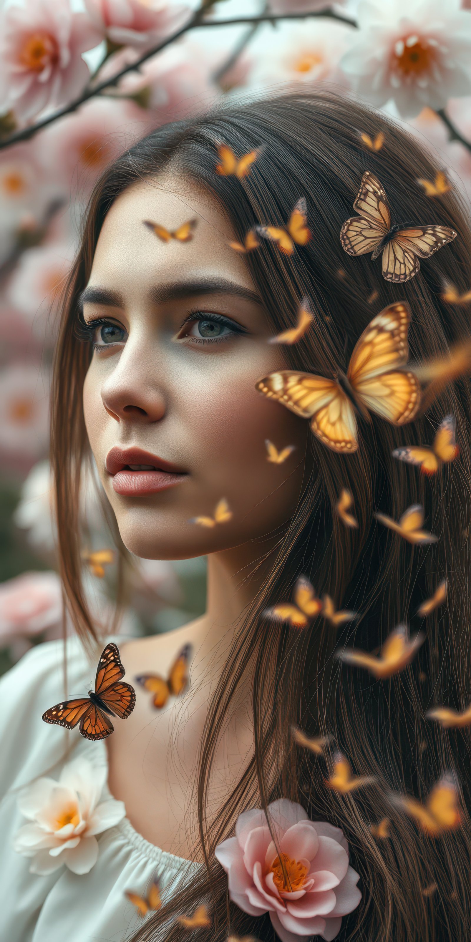Portrait of a woman surrounded by butterflies in a blooming garden during springtime